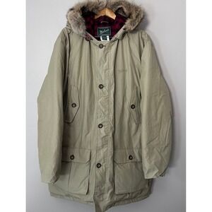 Woolrich Arctic Down Parka Mens 2XL Tan Coyote Fur Hood Buffalo Plaid Jacket